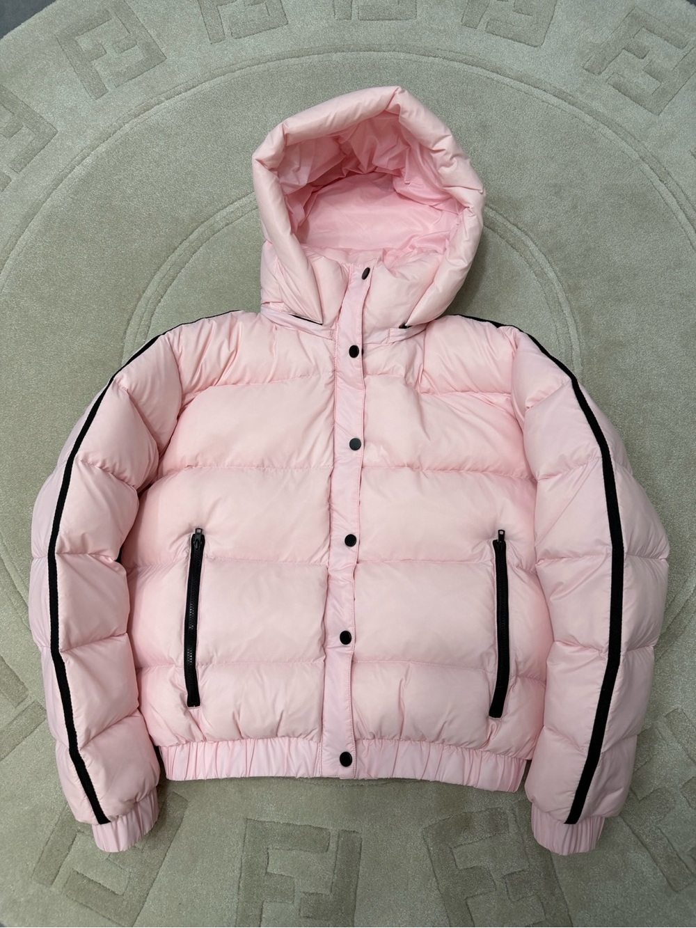 ALO Yoga Light Pink Hooded Puffer Jacket with Black Trim